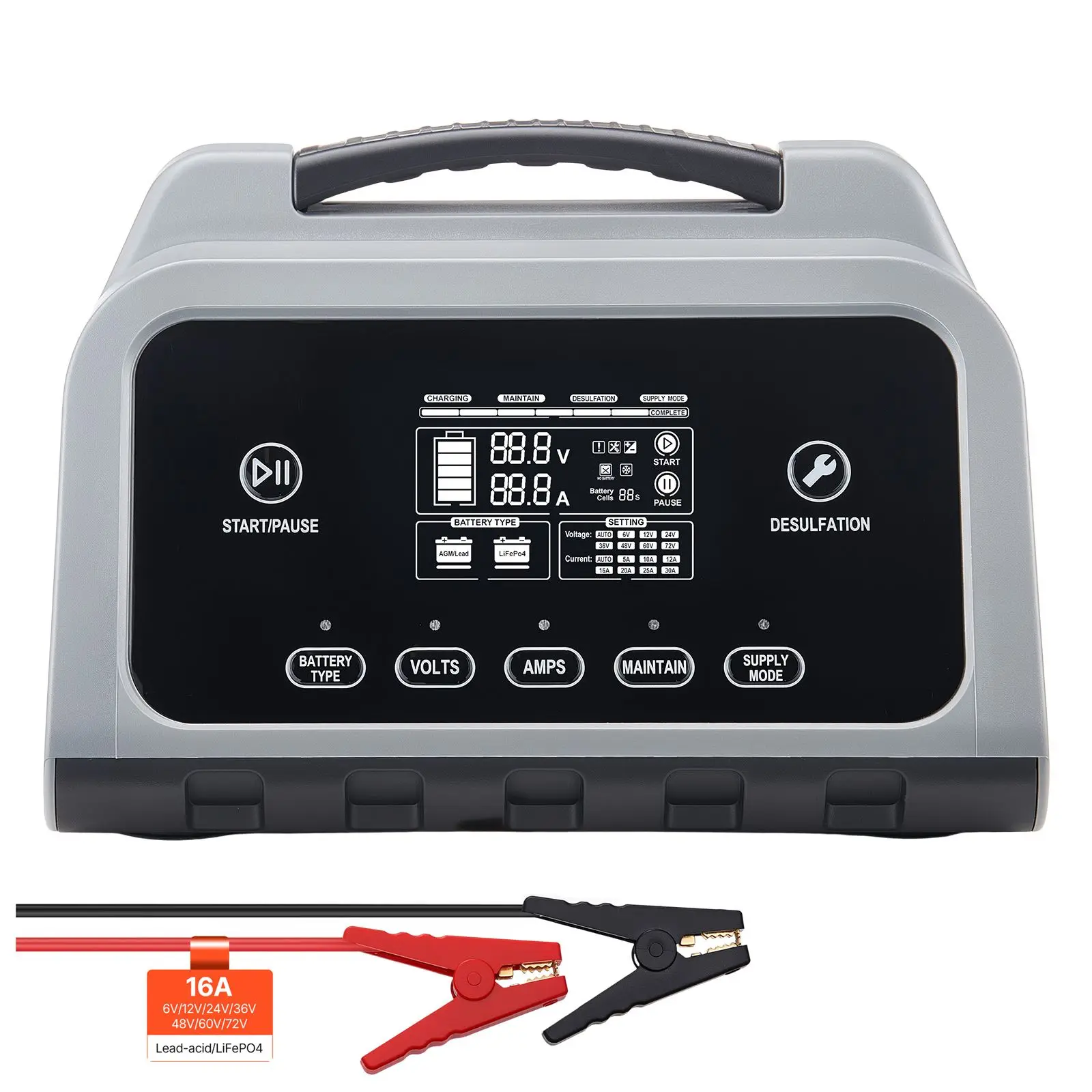 Smart Battery Charger, 16A, 6V 12V 24V 36V 48V 60V 72V Lithium LiFePO4 Lead-Acid (Gel/AGM) Car Battery Charger, with LCD