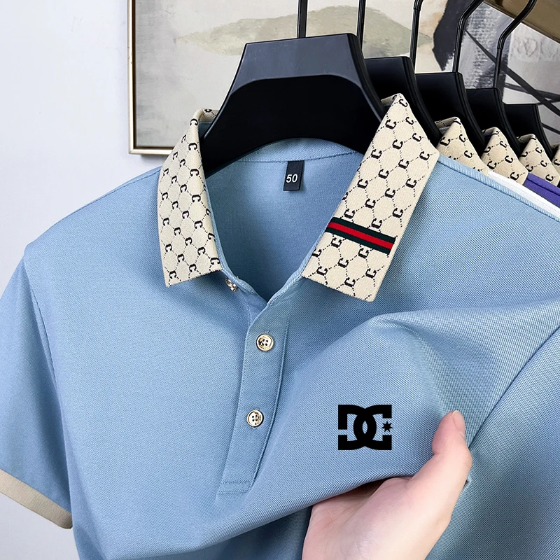 Summer men's short-sleeved polo shirt style T-shirt with printed pattern, paired with single-button men's shirt