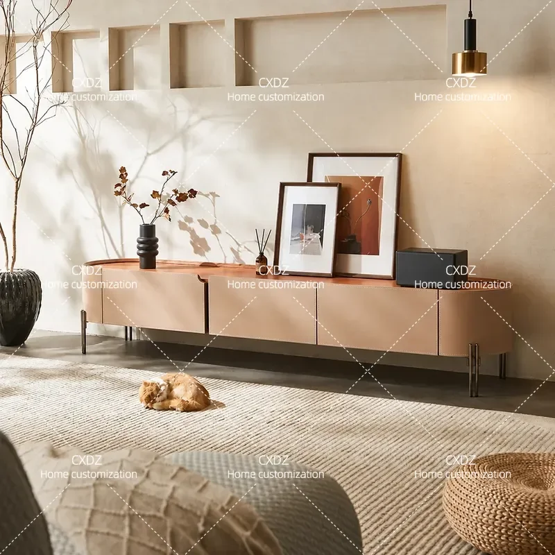 Modern Simple TV Cabinet Coffee Table Set Saddle Leather Small Apartment High End Elegant Media Console Furniture