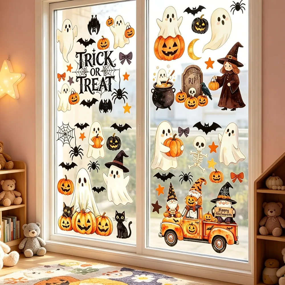 6 Sheets 56 Unique Designs for Halloween Static Window Clings Watercolor Pumpkin Ghost Witch Gnome Truck Black Cat Spider