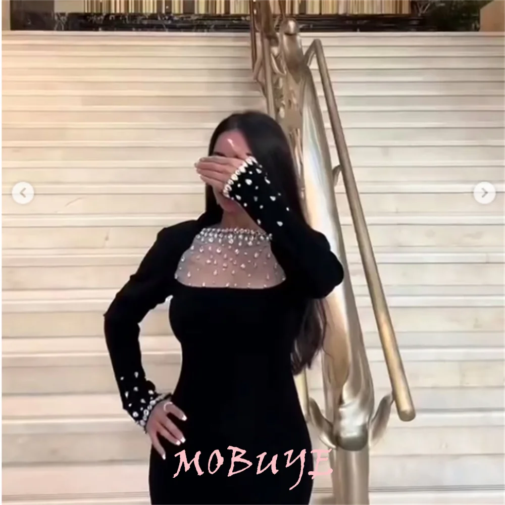 MOBUYE-Elegante vestido de baile até o chão com mangas compridas para mulheres, o pescoço, vestido de festa, moda popular, 2022