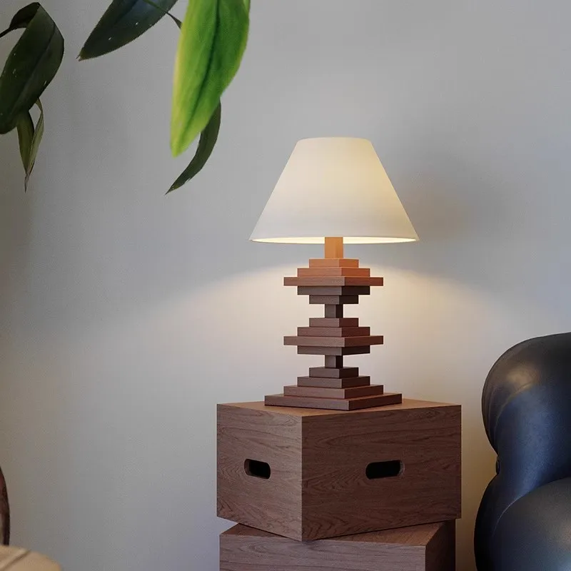 French Wooden Geometry LED Table Lamps Taper White Fabric Lampshade Creative Living Room Bedroom Office Restaurant Desk Lights