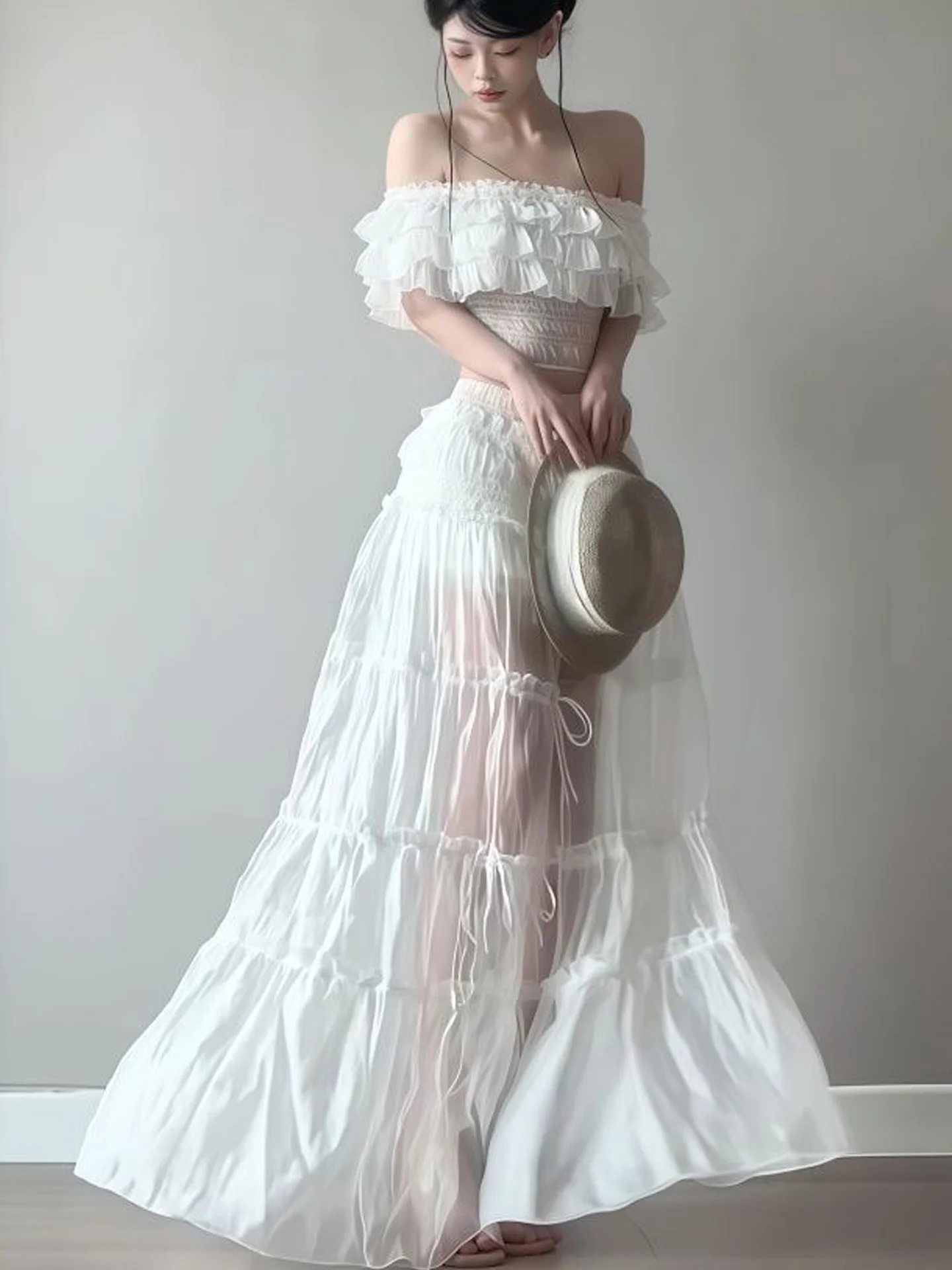Sexy Half-length See-through Skirt Set with One-shoulder Top Highlighting Body Shape for Women Korean Style Commute Use