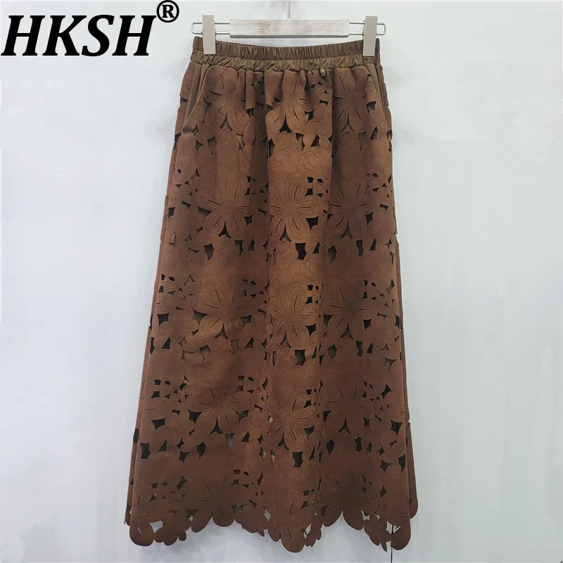 

HKSH Весна Осень Новая женская юбка из искусственной замши с эластичной резинкой на талии трапециевидной формы в стиле ретро Элегантные универсальные шикарные юбки Tide HK17232