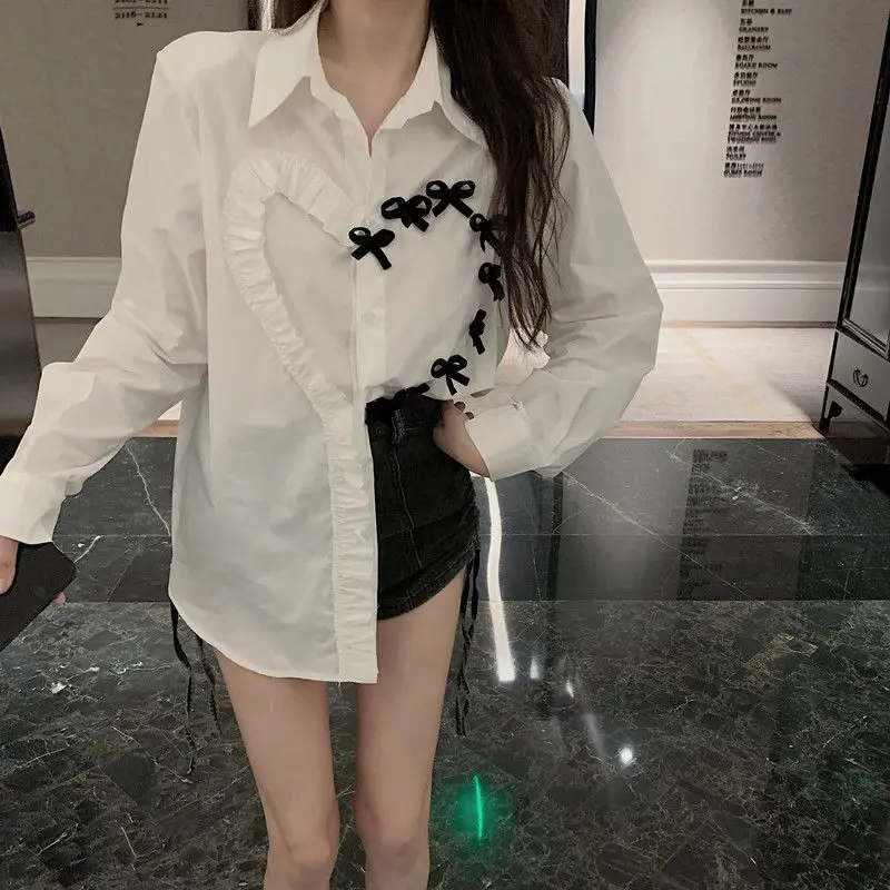 Heart Bow Shirts Women White Spring Design French Style Loose Long Sleeve Sun-proof Clothing All-match Harajuku Daily Stylish