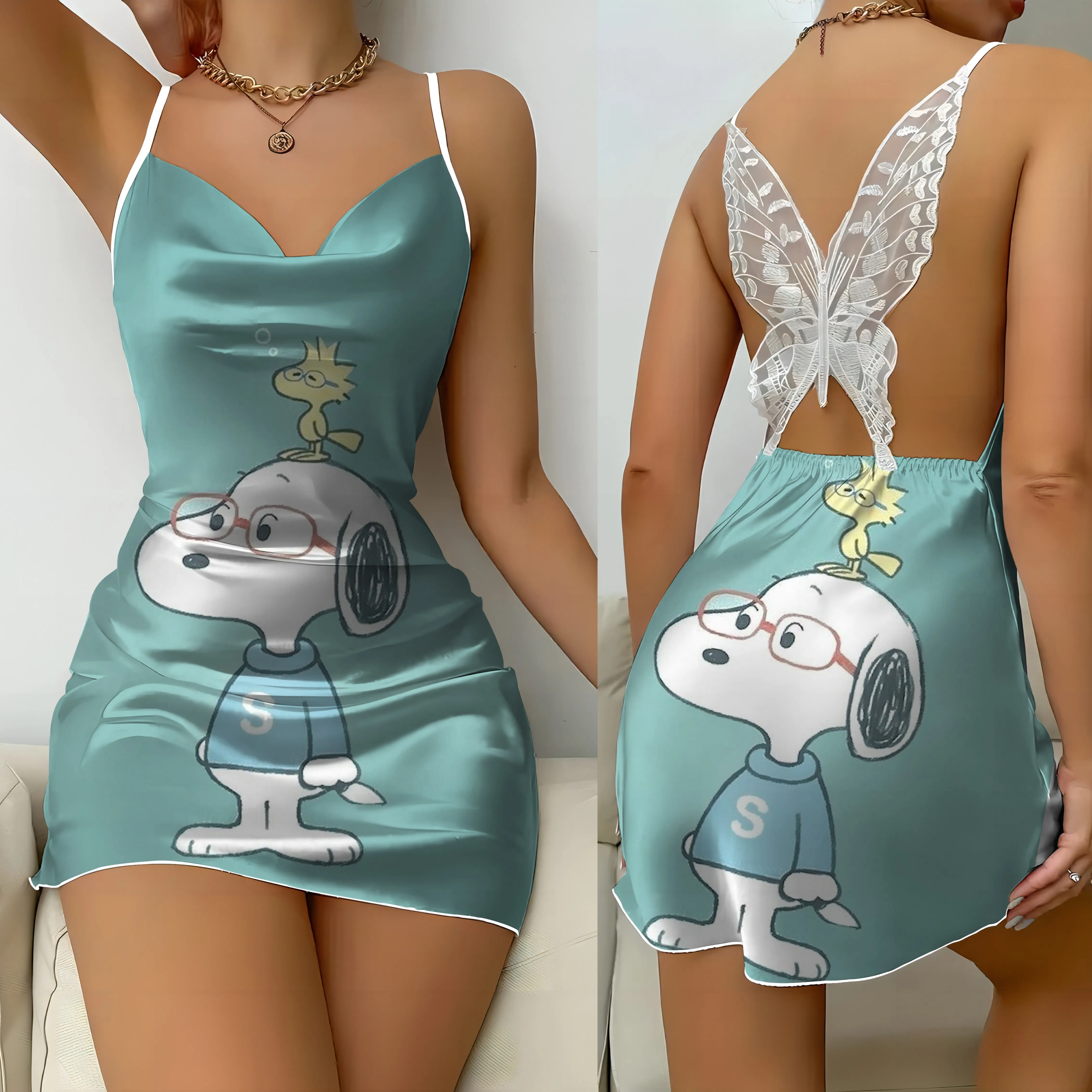 

Slip Dress Sexy Dresses Kawaii Pajama Skirt Bow Knot Snoopy Women's Clothing Summer 2024 Trend Satin Surface Womens Fashion Mini