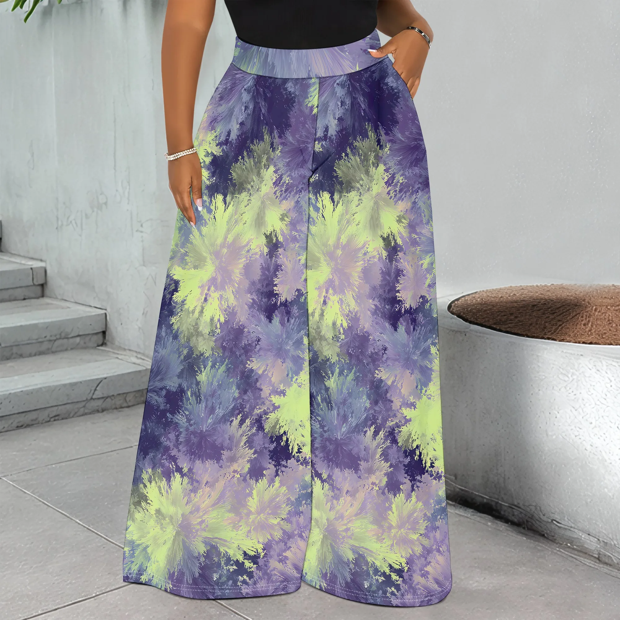 

Floral Print Wide Leg Pants Purple Green Abstract Flower Trousers Loose Fit Pocket Pants for Women Summer Beach Vacation Wear