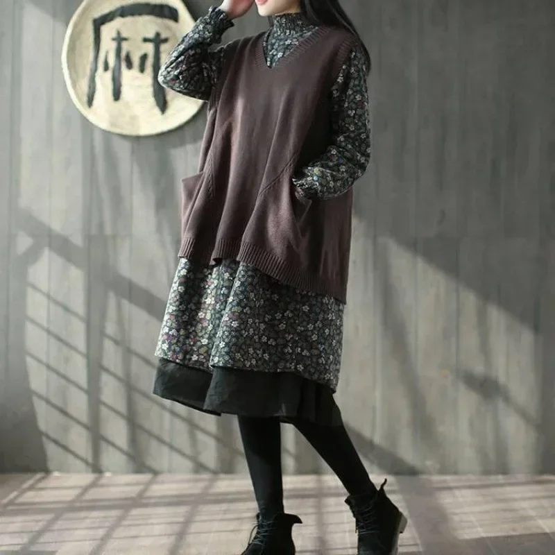 

Loose Plus Size Sweater Vest Women Knitted Long V-neck Body Shaping Fleece Lined Autumn Winter Fashion Korean Style