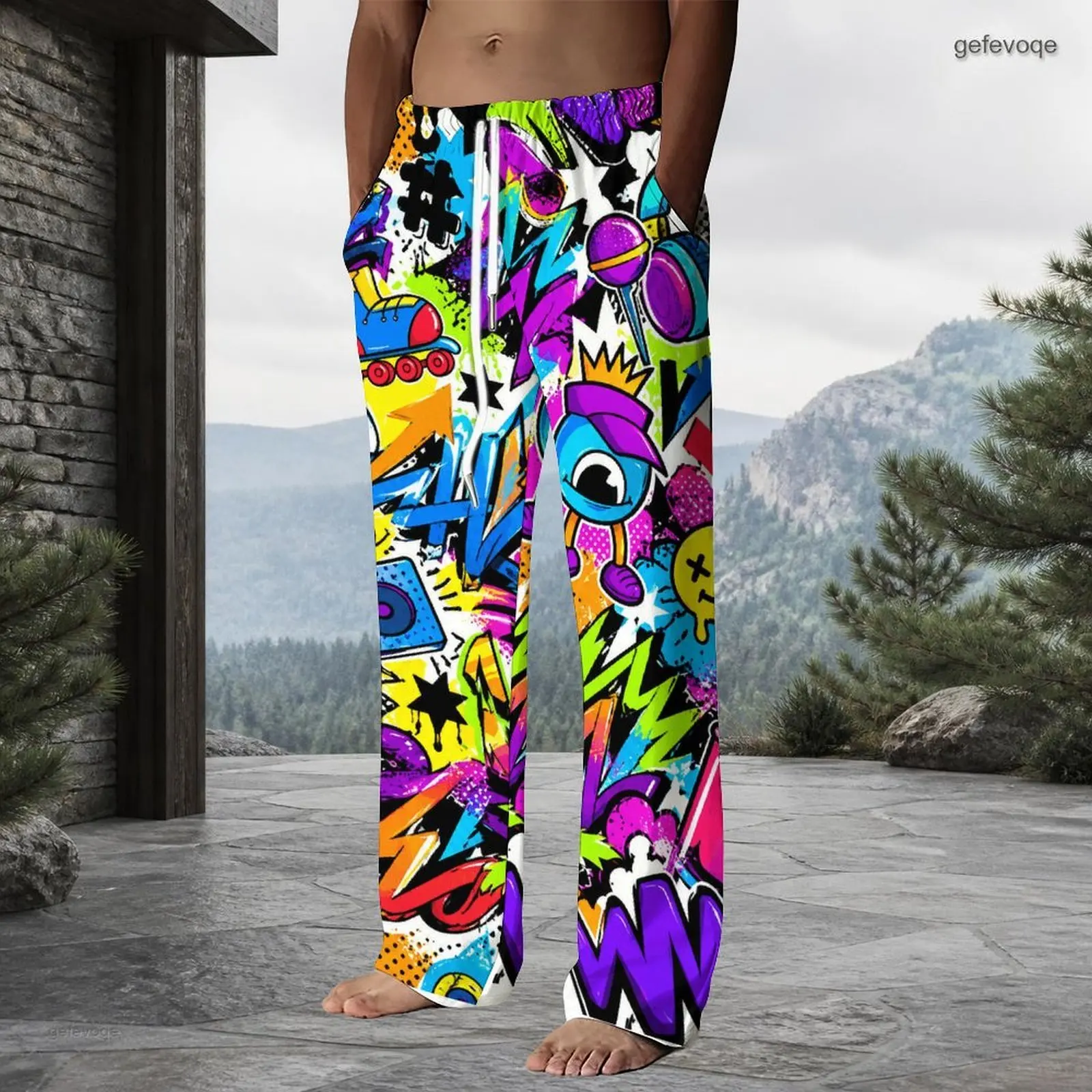 Men Pastel Tie Dye Printed Full Length Straight Leg Pants Drawstring Waist Trousers with Side Pockets
