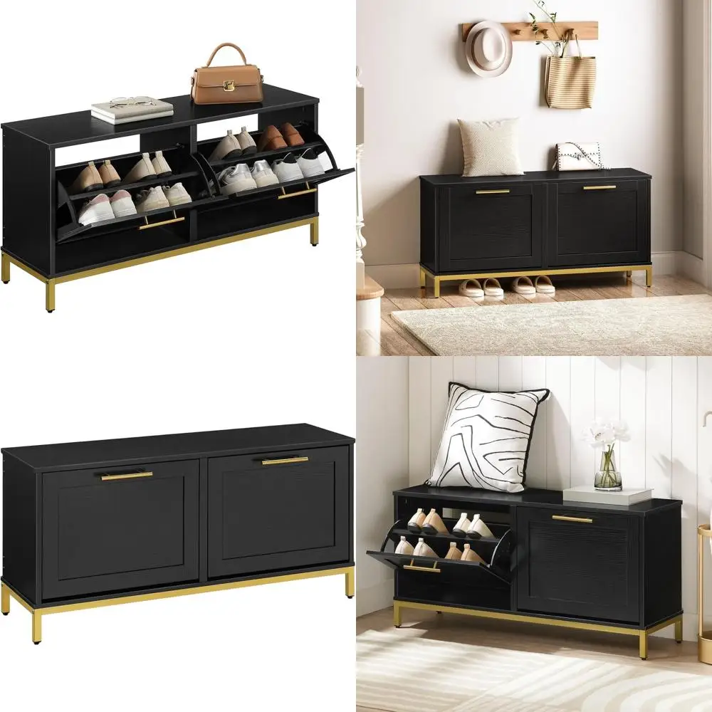 

Банкетка для хранения обуви с 2 ящиками, шкафчик 39.4, органайзер для обуви в прихожую, черный с золотом