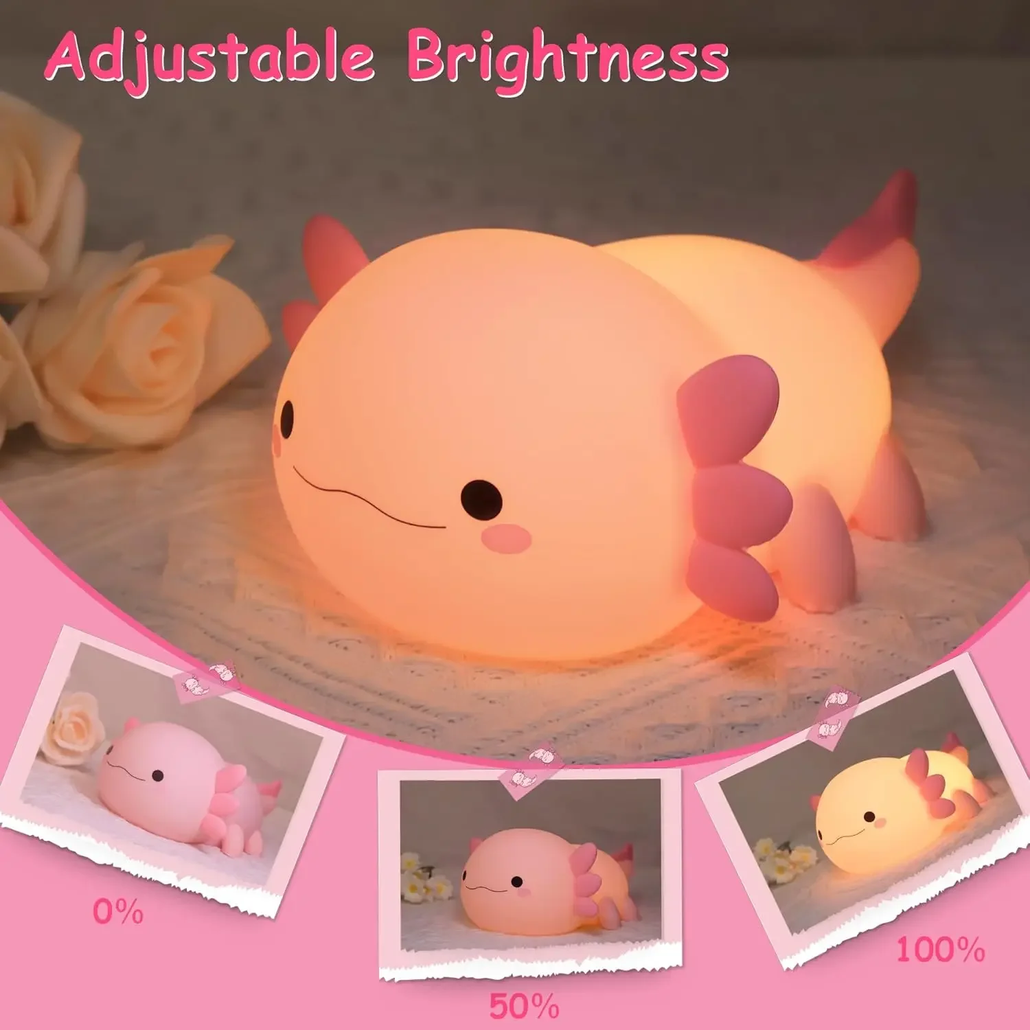 Cute Axolotl Night Light , Animal Silicone Night Lamp Touch Control Nightlights Rechargeable Bedside Lamp for Baby Children Gift