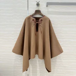 2024 New Winter Fashion Wool & Cashmere Poncho Coat Women Leather Belt O-neck Batwing Sleeve Sheepskin Vintage Chic Cloak Jacket