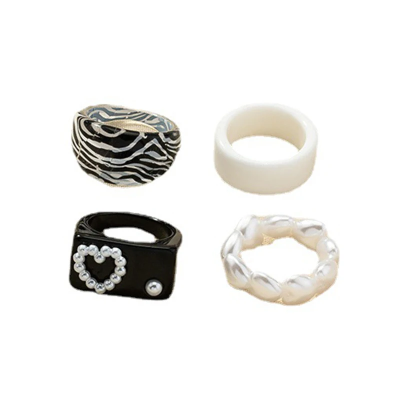 Plastic Rings for Women Jewelry Set of 4 Zebra Print Acrylic Finger Rings White Heart Pearl Elastic Knuckle Stackable Ring Pack