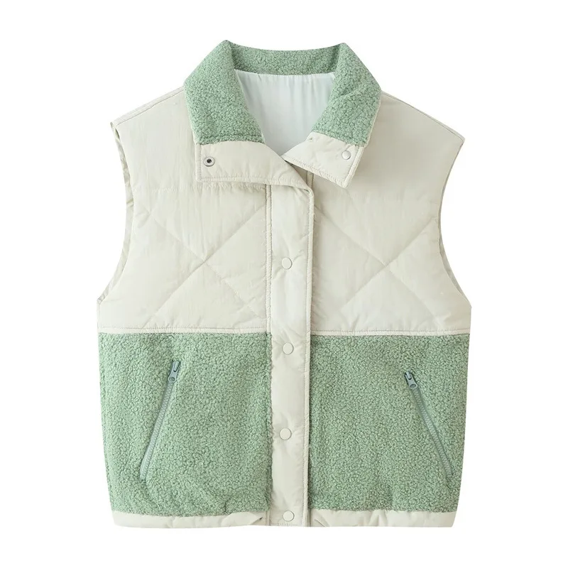 NINE ZAR Women's Casual Lamb Fur Patchwork Vest Sleeveless Collar Collision Color Block Outerwear Regular Length Single Button