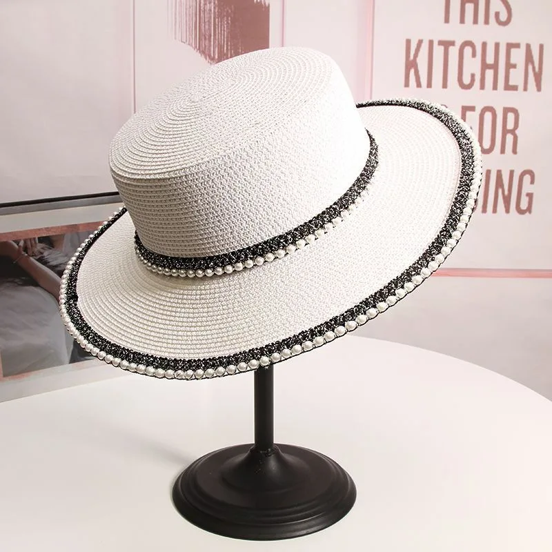 French Flat Top Wide Brim Straw Hat,Outdoor Summer Sun Protection Cap,Large Brim Breathable Beach Fedora,Foldable Travel Sun Hat