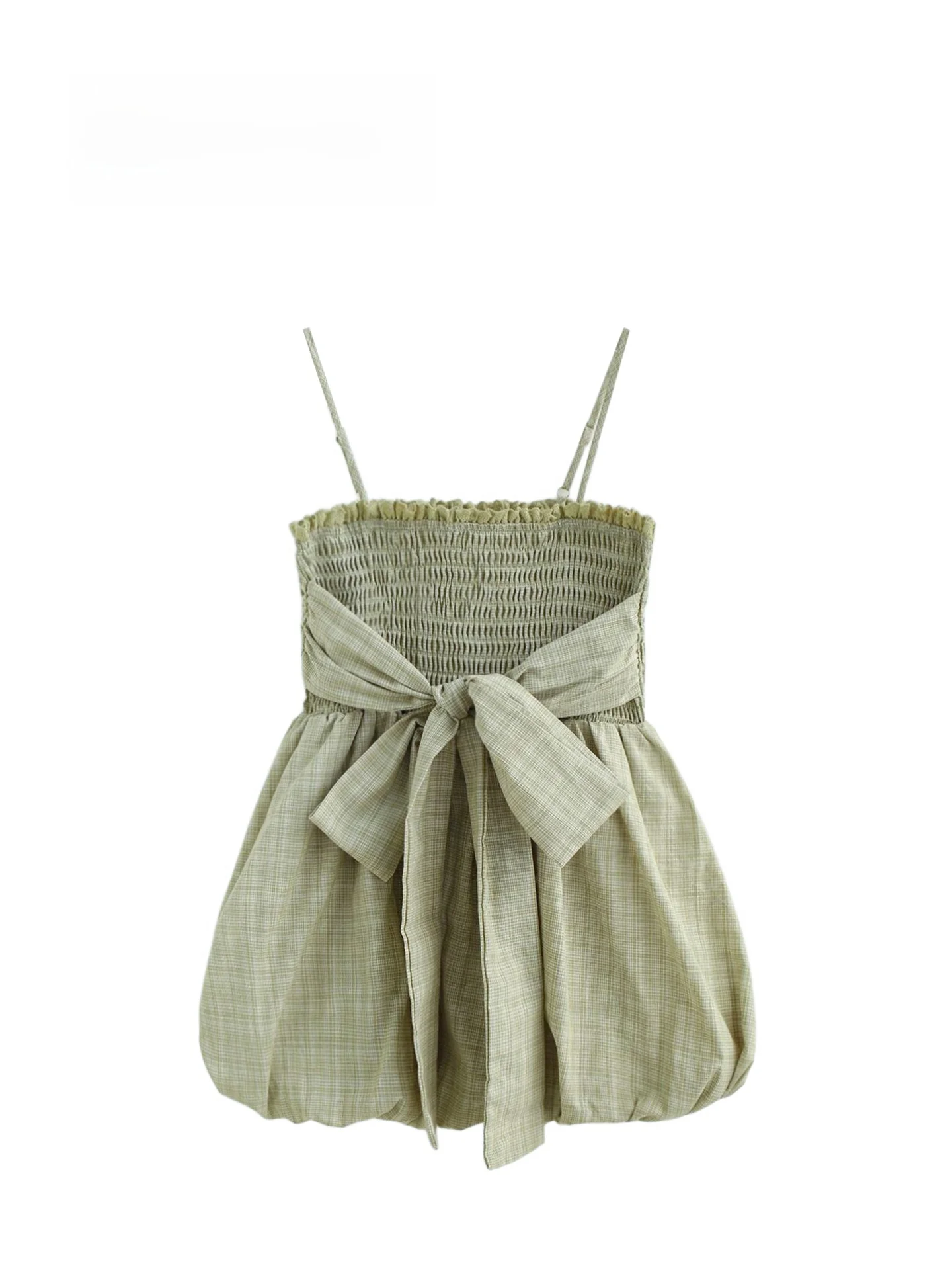 Summer New Sweet Girl Vacation Style Checkered  Knot Flower Bud Strap Vest Top Women's Business Casual Short Sleeve