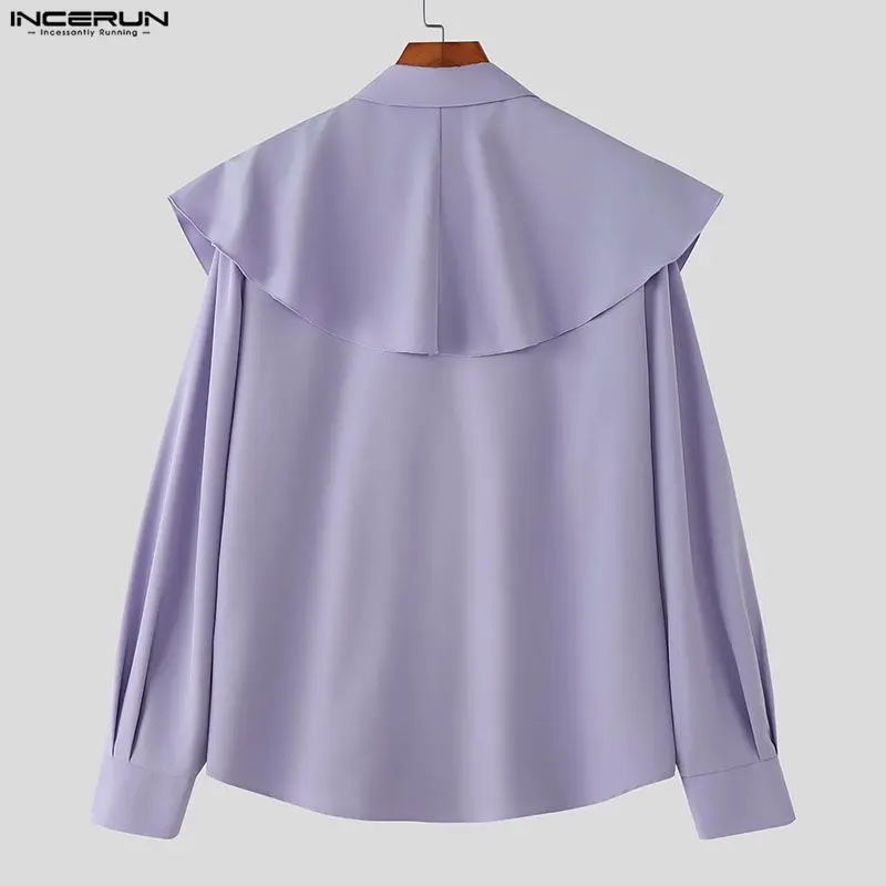 INCERUN قميص رجالي بلون واحد مكشكش وطية صدر السترة وأكمام طويلة ملابس رجالية غير رسمية ملابس خروج فضفاضة أنيقة ملابس علوية للرجال قمصان #5