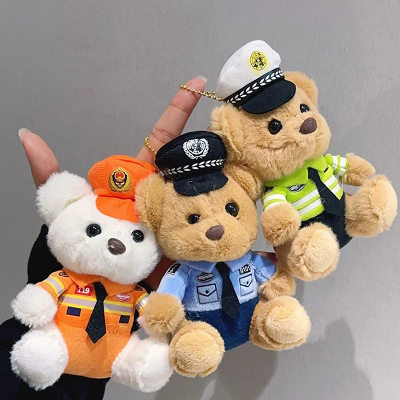 Pendentif ours de police de la circulation rouge net, jouet en peluche réaliste, sac de police du feu mignon, porte-clés beurre, cadeau pour enfants, nouveau modèle