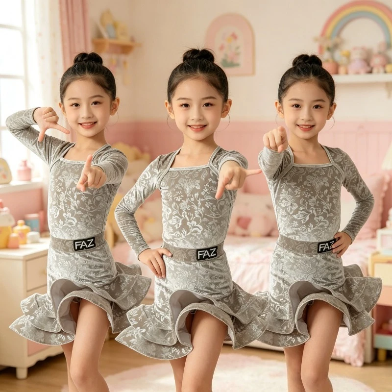 

Girls Autumn Winter Printed Latin Dance Outfit Kids High-End Training & Performance Stage Costume Performance Accessories Zym