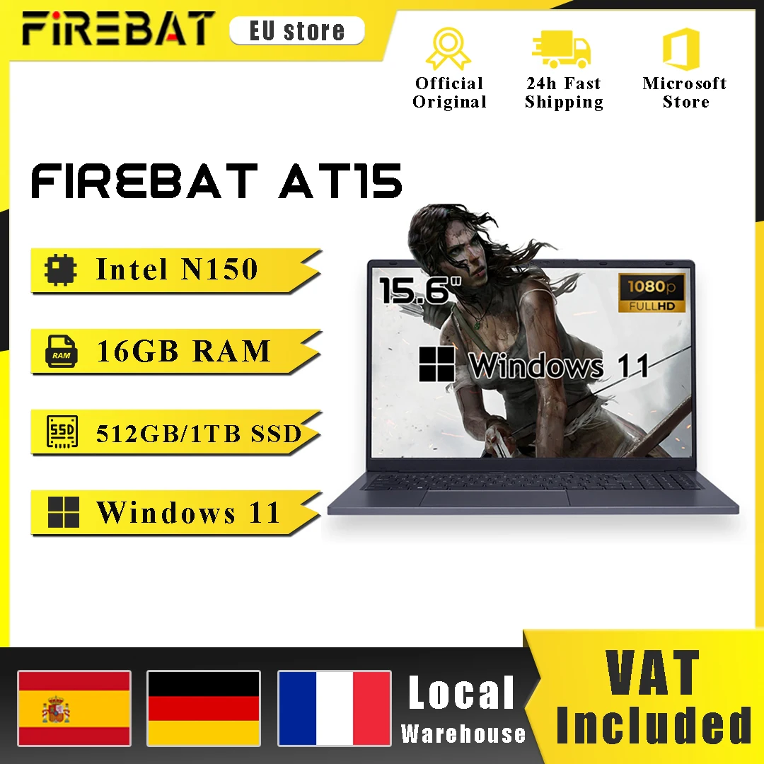 Firebat ordinateur portable AT15 15.6 pouces Intel N150 DDR4 16GB RAM 512GB 1 to SSD 1920*1080 Windows 11 ordinateur portable rétro-éclairé pavé tactile intégré