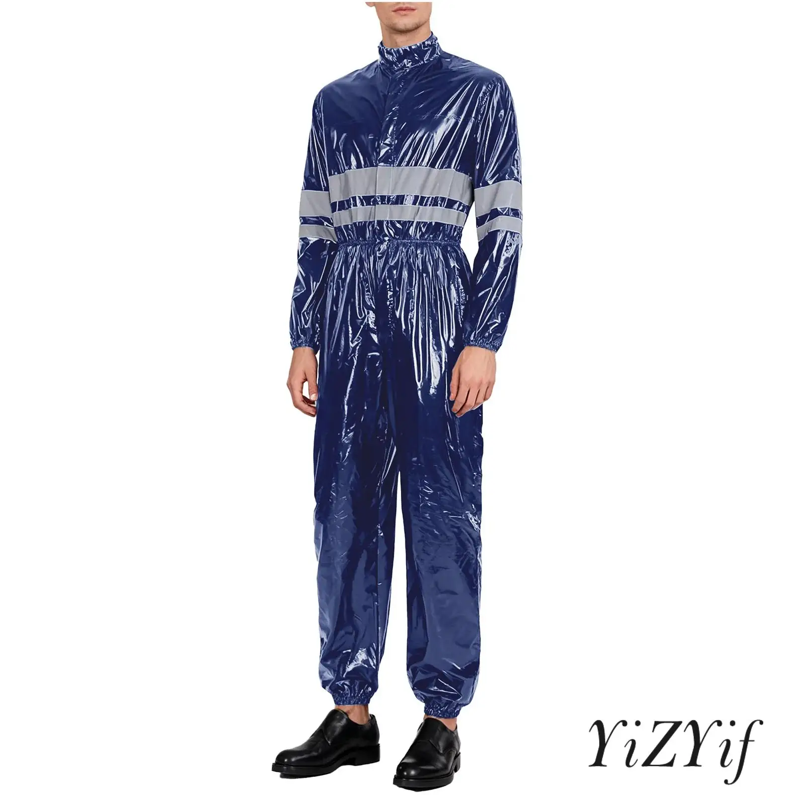 

Men High Visibility Reflective Strips Water Resistant Coveralls Stand Collar Long Sleeve Elastic Waist Zipper Jumpsuit