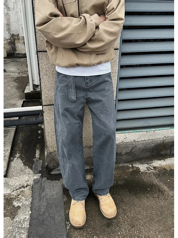 

Мужские джинсы прямого кроя в американском ретро-стиле с поясом, повседневные, модные, универсальные, свободного кроя, из хлопкового денима