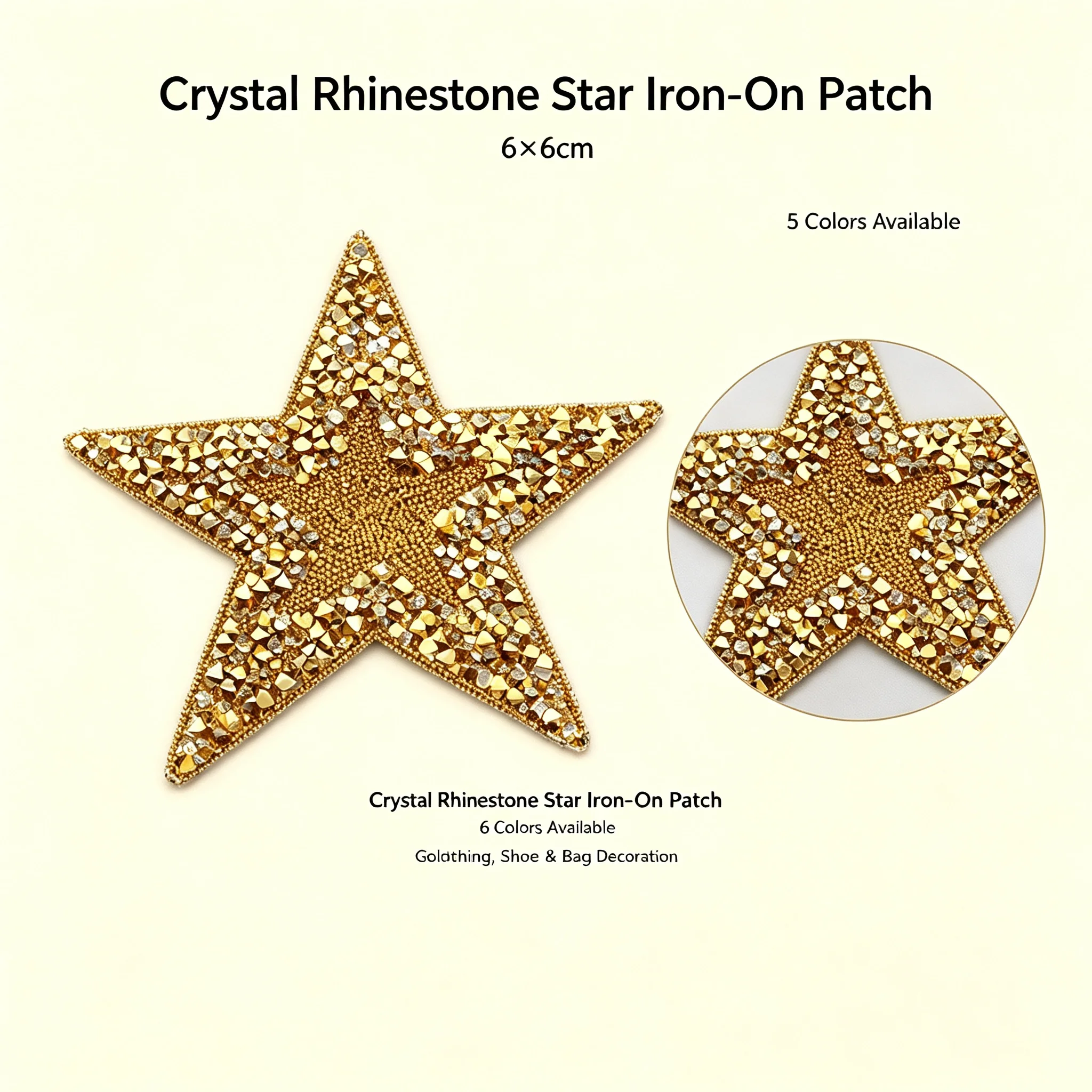 Star Rhinestone Iron On Patch,6x6cm Crystal Beaded Star Applique,DIY Decor Patch for Clothes Shoes Bags,5 Colors Available