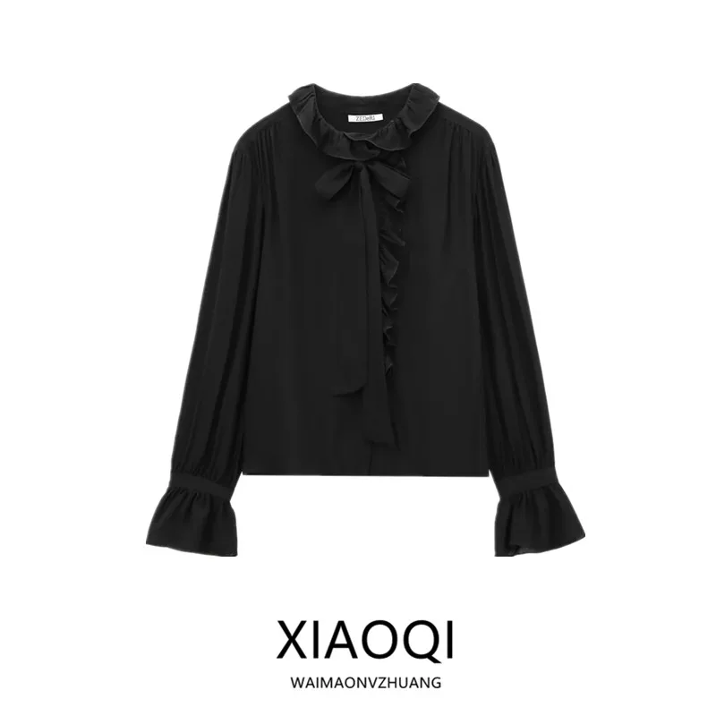 

Осенне-зимняя женская блузка с длинным рукавом, воротником-стойкой и рюшами, модная новинка 2024 года, свободный крой, стандартная длина