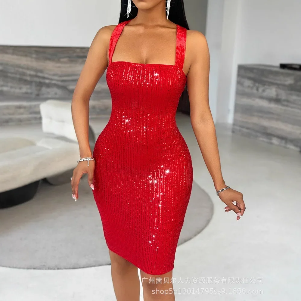 Bandage Bodycon Dress Mini Dresses Women Sling Dress Sequin Sexy Backless Sleeveless Lace Up Elegant Party Night Club Vestidos