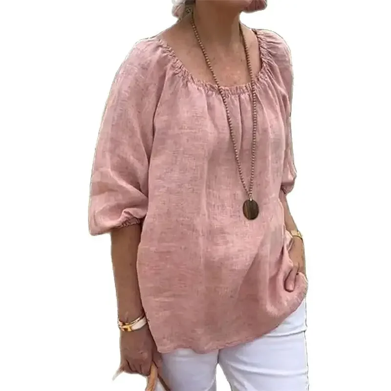 Frauen einfachen Stil Baumwolle Leinen Mittel arm Hemd Sommer plissiert o Hals Pullover Bluse weiblich bequem lässig Pendler Top