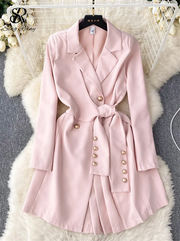 SINGREINY Lady Office Temperament Midi Dress Solid Lapel Lace Up Slim Fit Gold Button Design Pleated Long Sleeve Autumn Dress