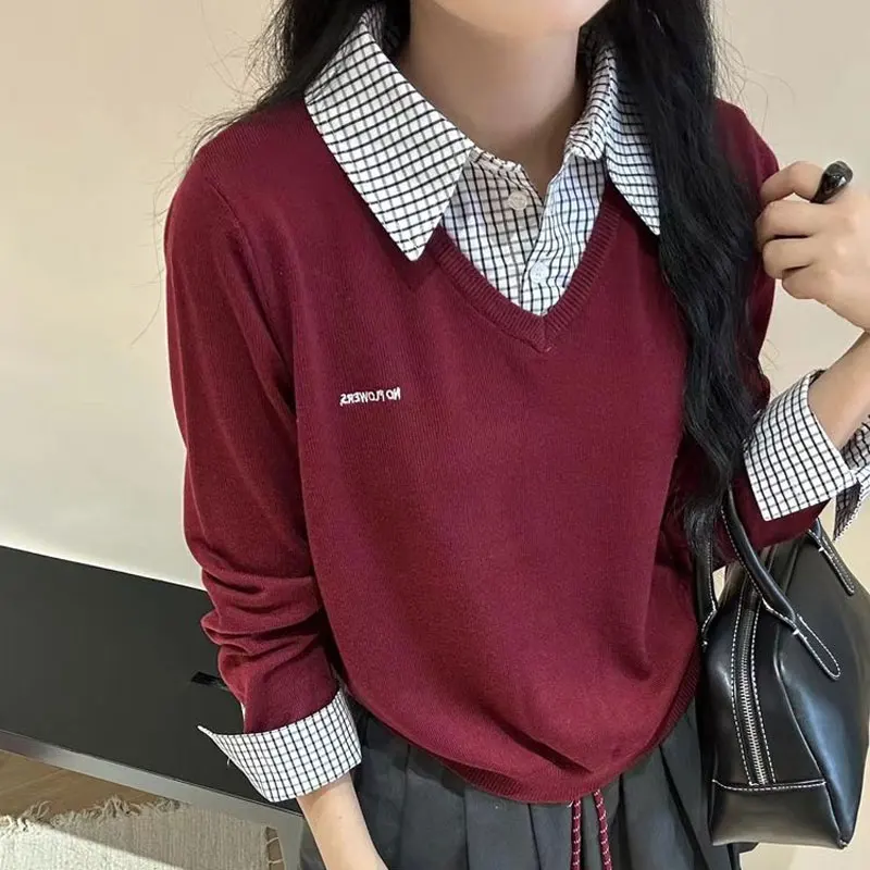 

Commute Plaid Spliced Knitted Blouse Spring Autumn Turn-down Collar Female Clothing Button Loose Fake Two Pieces Casual Shirt