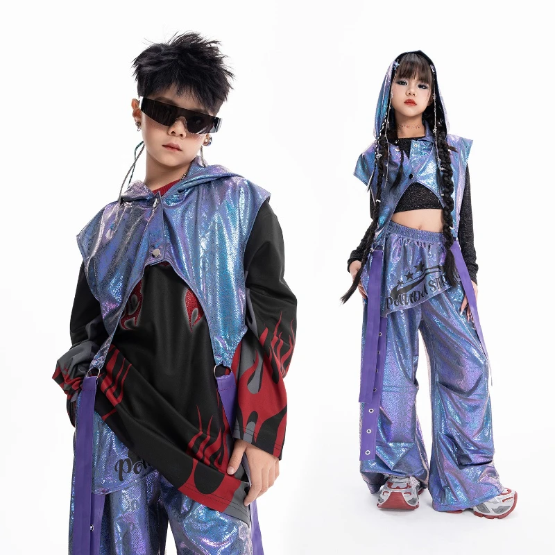 

Boys Hip Hop Dance Costume Hooded Vest Pants Purple Suit Girls Runway Concert Jazz Performance Clothes Set Group Stage Wear