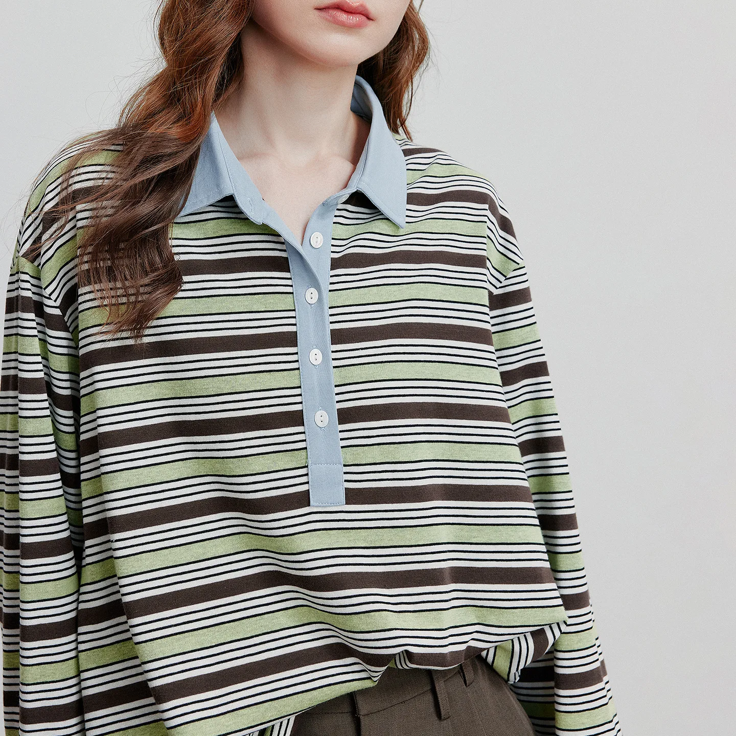 TOYOUTH Frauen Langarm T-shirt 2025, Herbst Neue Gestreiften Drehen Unten Kragen Kontrast Casual Pullover Tops