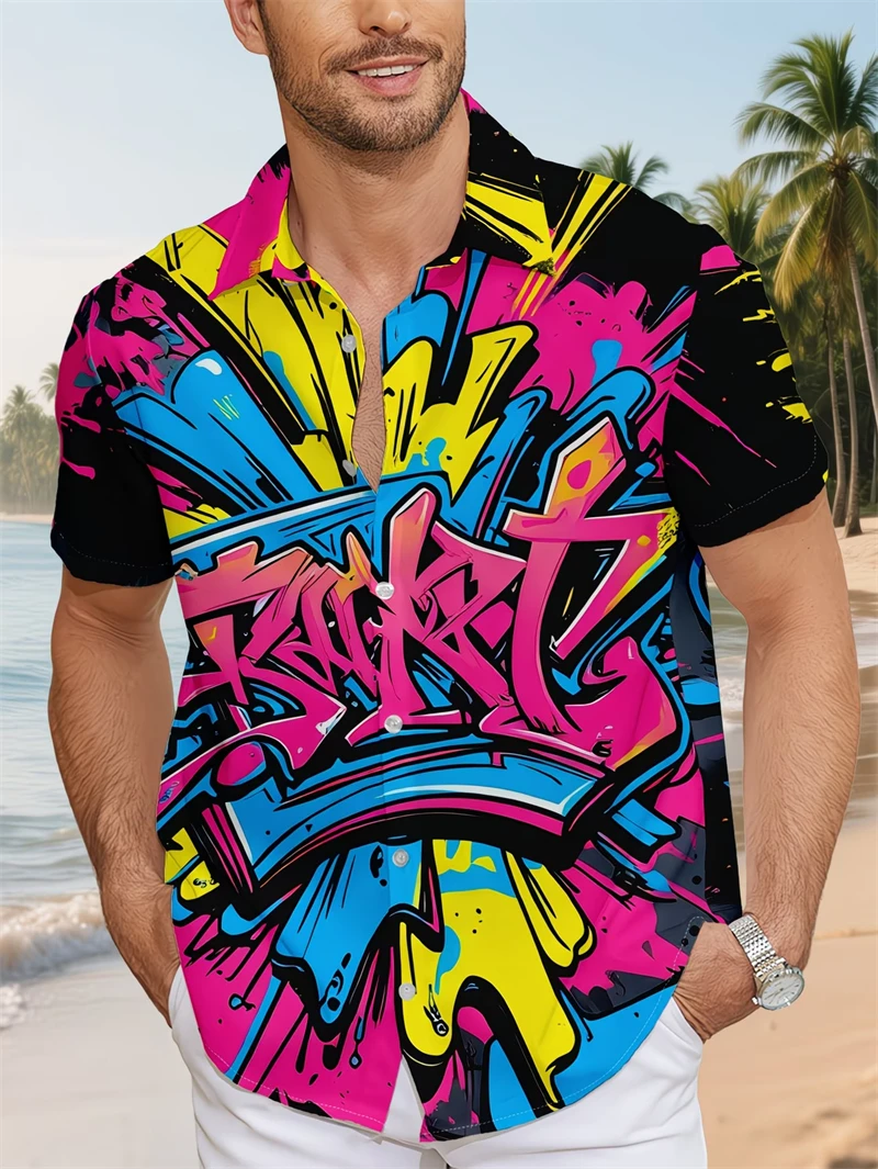 

Men's Shirt Vibrant 3D Print Graffiti Art Short Sleeves Lapel Button-Up Shirts Fashion Personality Streetwear Colorful Y2k Tops