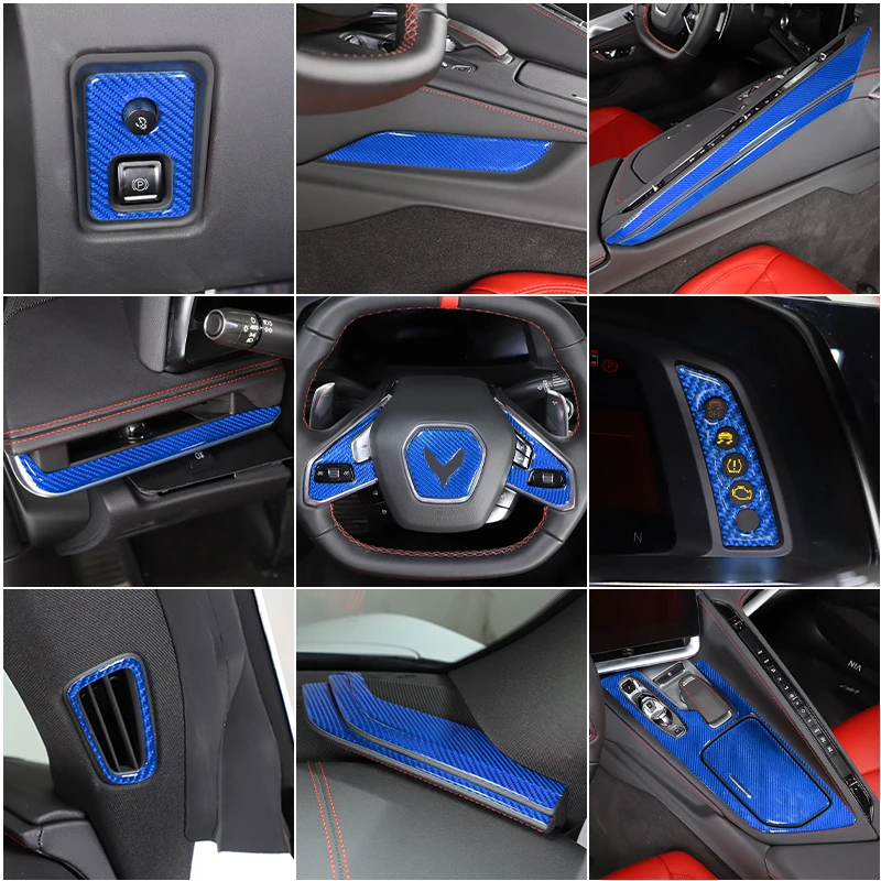 

For Chevrolet Corvette C8 20-25 Soft Carbon Fiber Blue Car Dash Trim Gear Shift Console Cover Interior Stickers Car Accessories