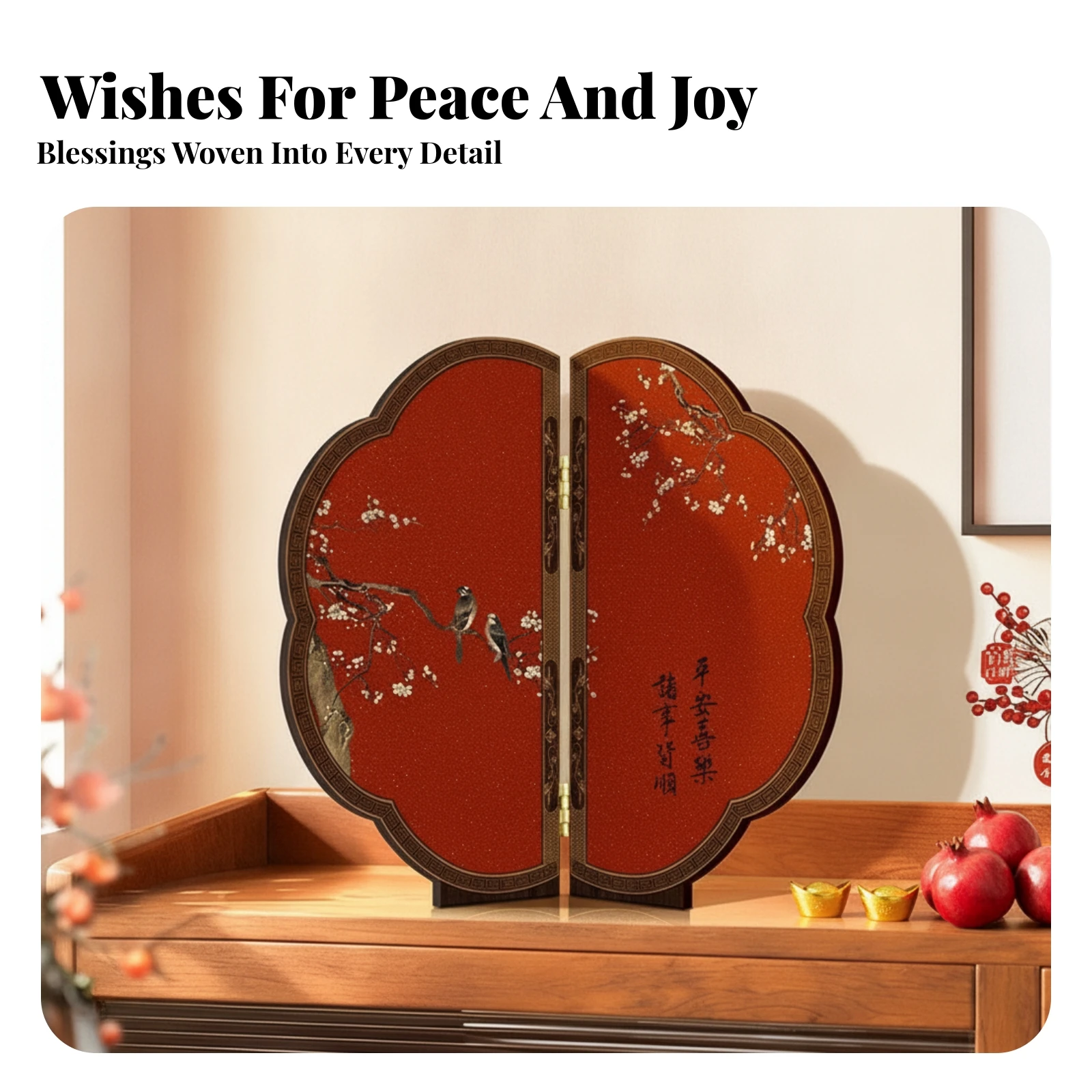 Cloud-likeShaped Folding Screen Bird and Blossom Tabletop Folding Screen House Decoration Glitter-Textured Chinese Calligraphy