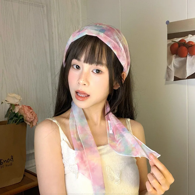 

Korean-Style Multifunctional Plaid Floral Silk Scarf Women's Spring/Summer Lightweight Neck Scarf Versatile Headwear Hairband