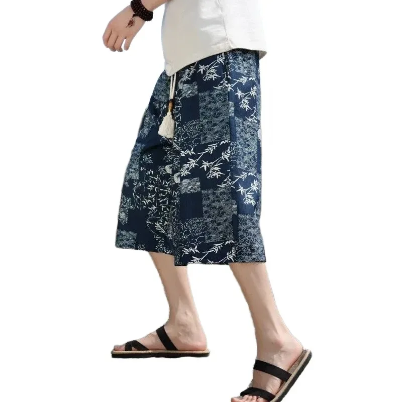 Men Chinese Style Floral Print Capri Pants Elastic Drawstring Loose Quick Dry Ice Silk Casual Seven Points Trousers For Summer