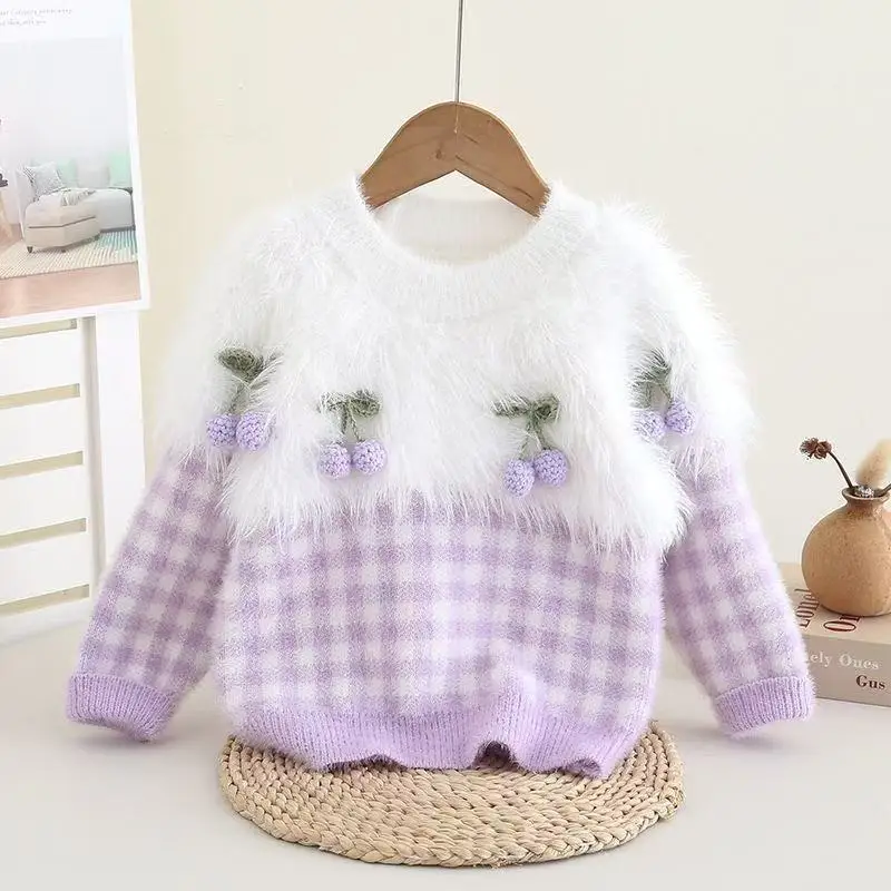

Girls' Autumn and Winter Sweater Children's Mink Fur Sweater Fashionable Cartoon Base Sweater for Baby Girls