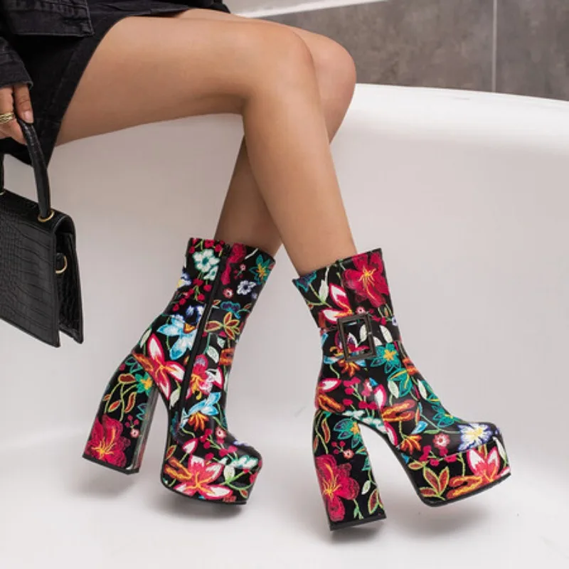 Women Boots Autumn Winter Flower Color Blocking Platform Belt Buckle Super High Heel Short Boots 14CM Side Zipper Women's Shoes