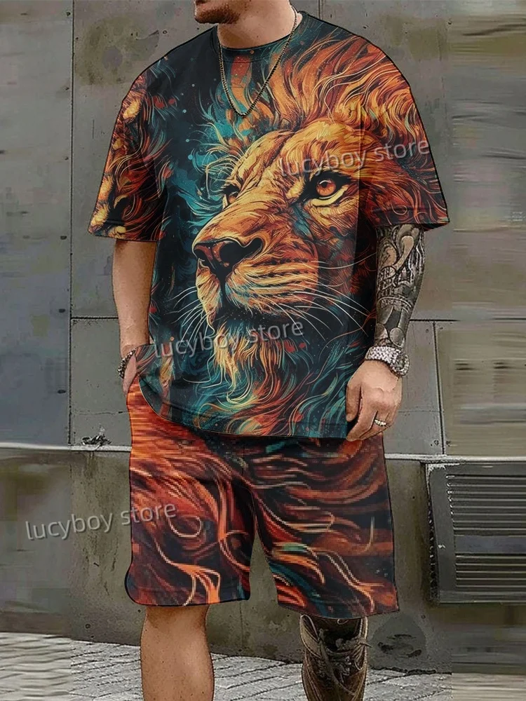 LION Printed Sport running  T-shirt+shorts Suit Set Men Male Luxury Tracksuit Outfit Summer Oversized 2 Piece Set Clothes