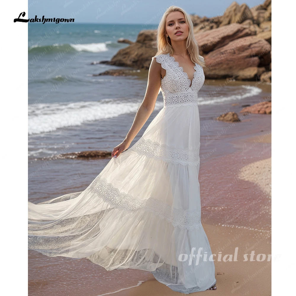 

Lakshmigown Boho Wedding Dresses V-neck Sleeveless Lace/Tulle Bridal Dress Beach Long Wedding Gown Robe De Mairee Customized