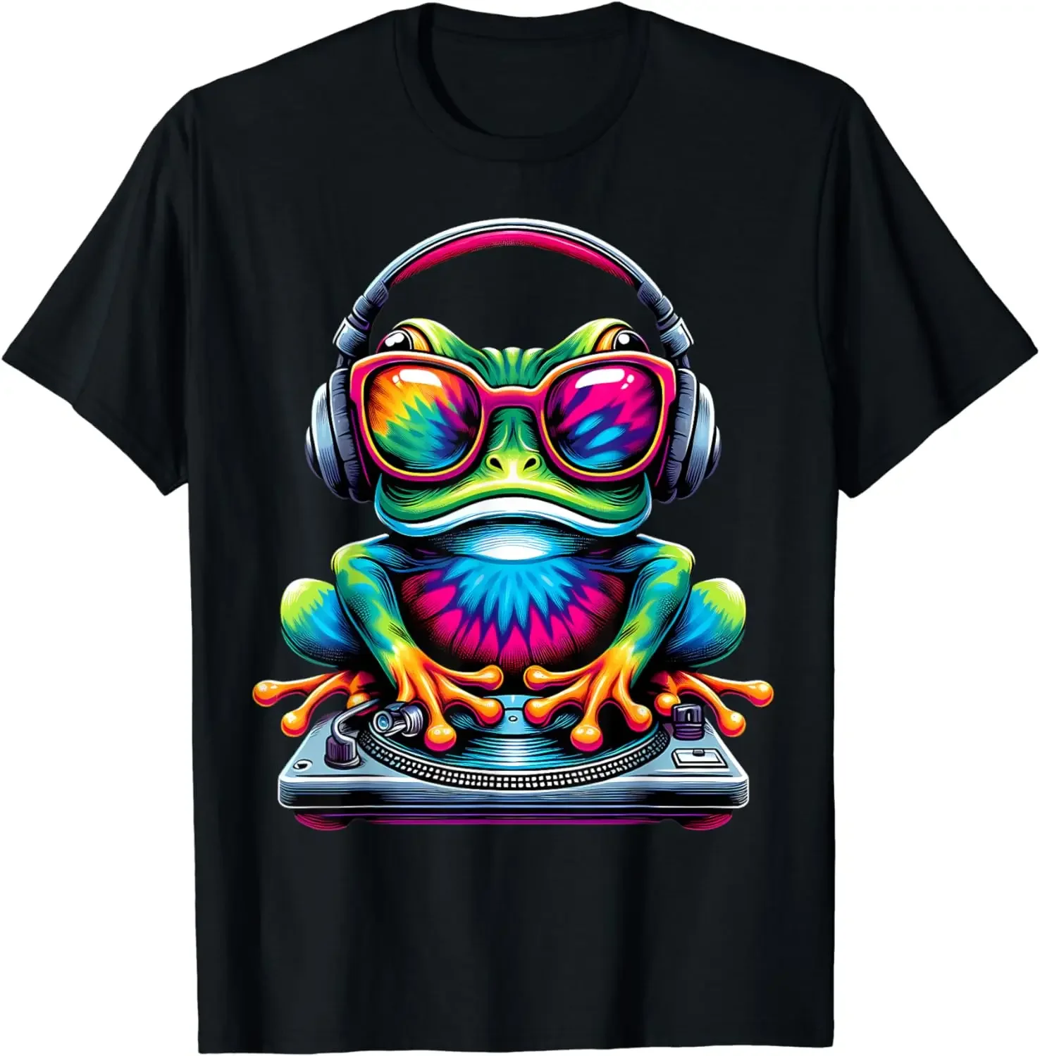 Tie-Dye Cool DJ Frog Peace Sign Hippie Frog with Headphones T-Shirt Graphic T Shirts Lightweight Short Sleeve Unisex