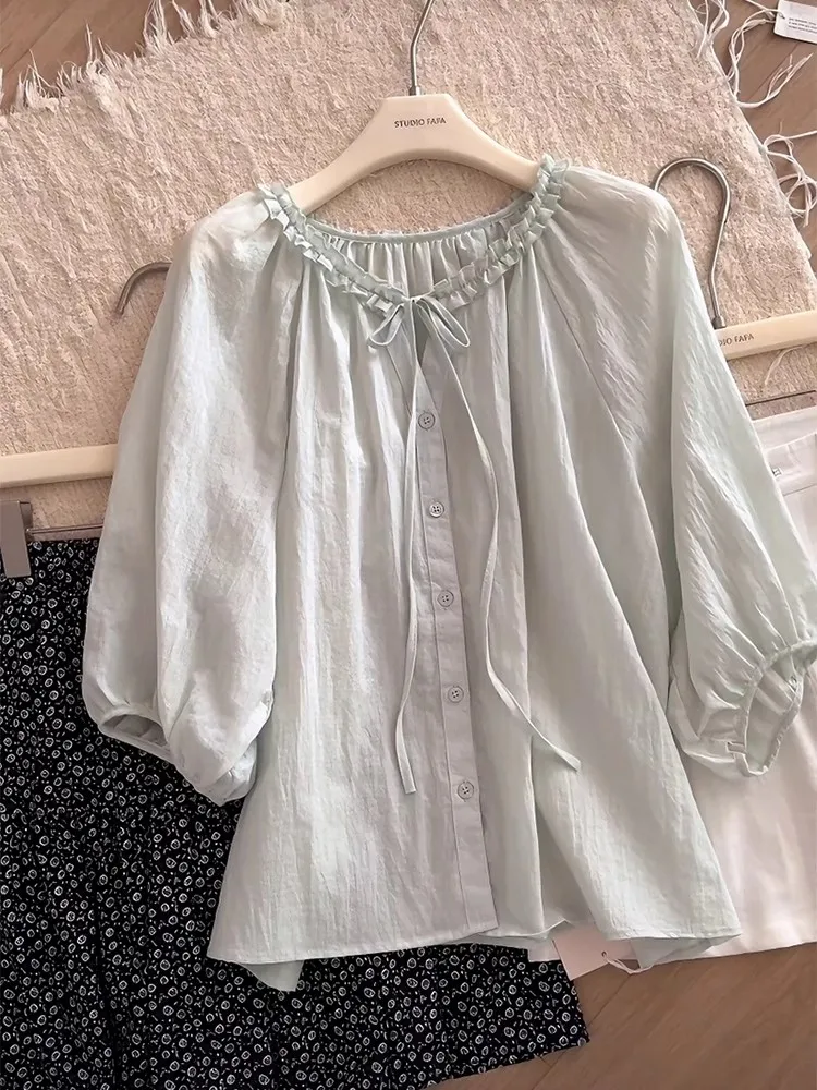 Korean Sle Fre Light een Bow Tie irt Women's Summer Unique Seven Sve Gentle round Ne Top Soft Fabric Pure Color