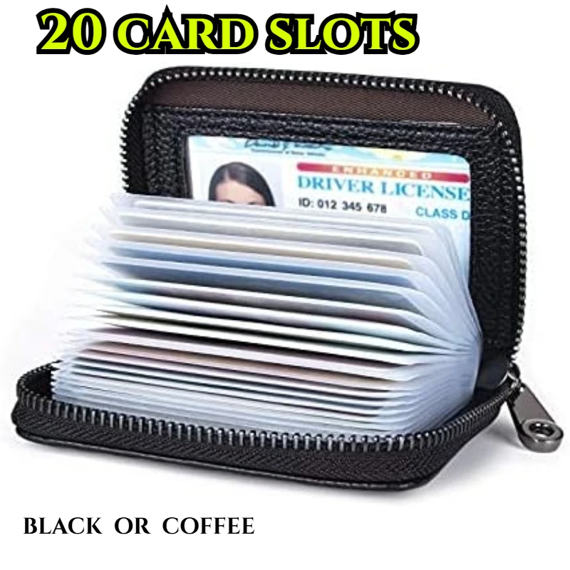 Portefeuille pour cartes de crédit, 20 emplacements pour cartes, étui sécurisé pour cartes d'identité, organisateur avec fermeture éclair (noir, café)