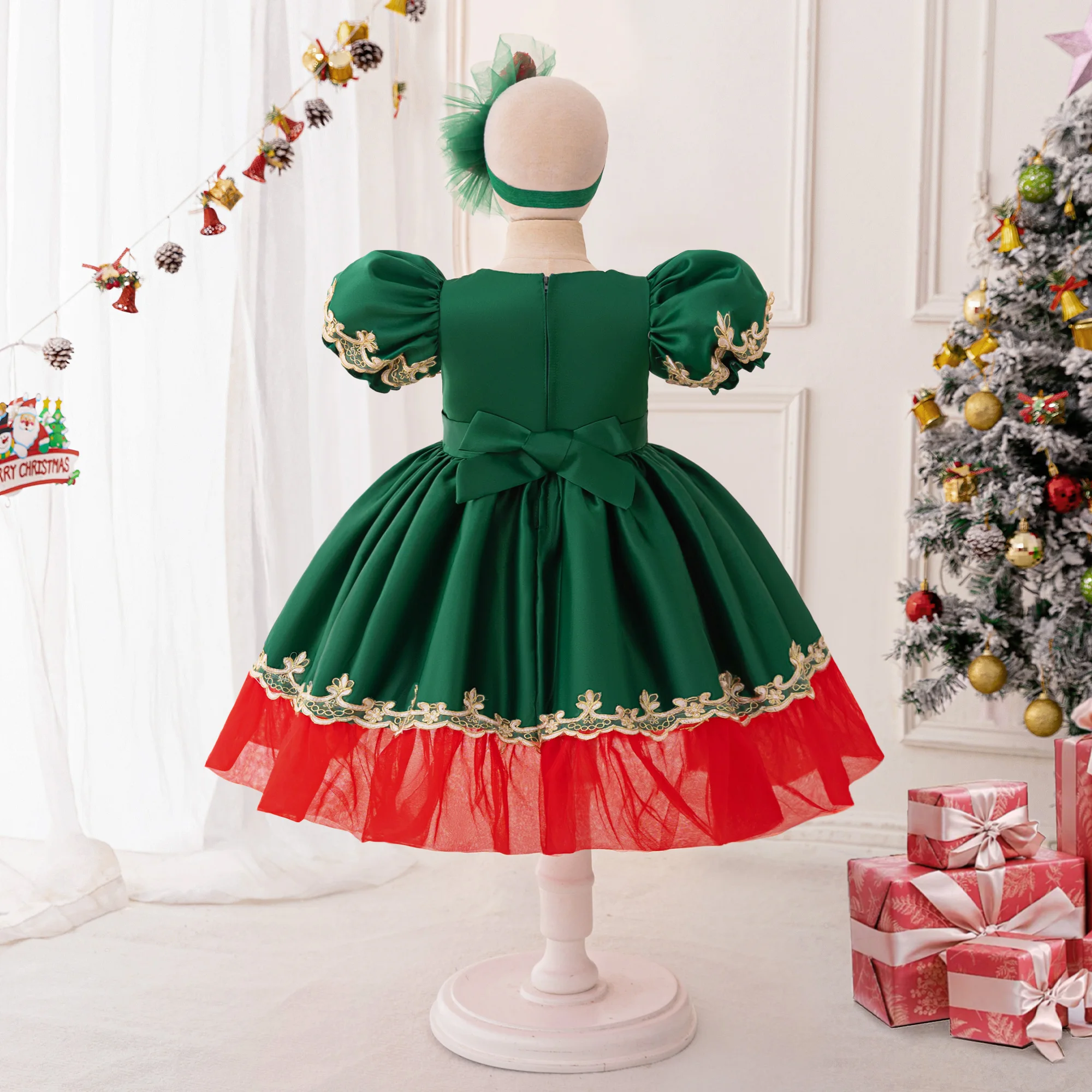 Red Green Christmas Girls Party Dresses Fluffy Tulle Sequin Wedding Birthday Princess Dress for Girl Bow Bridemaid Prom Costumes