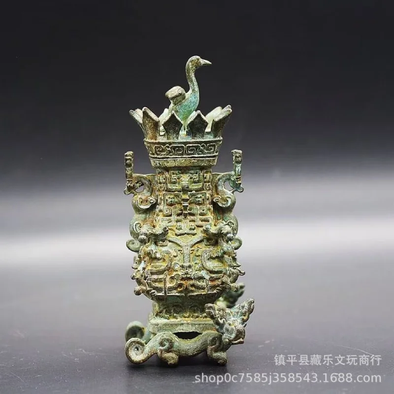 Retro Nostalgic Bronze Ware Lotus and Crane Rectangular Hu Model Decoration Spring and Autumn Wine Set Living Room Wine Cabinet