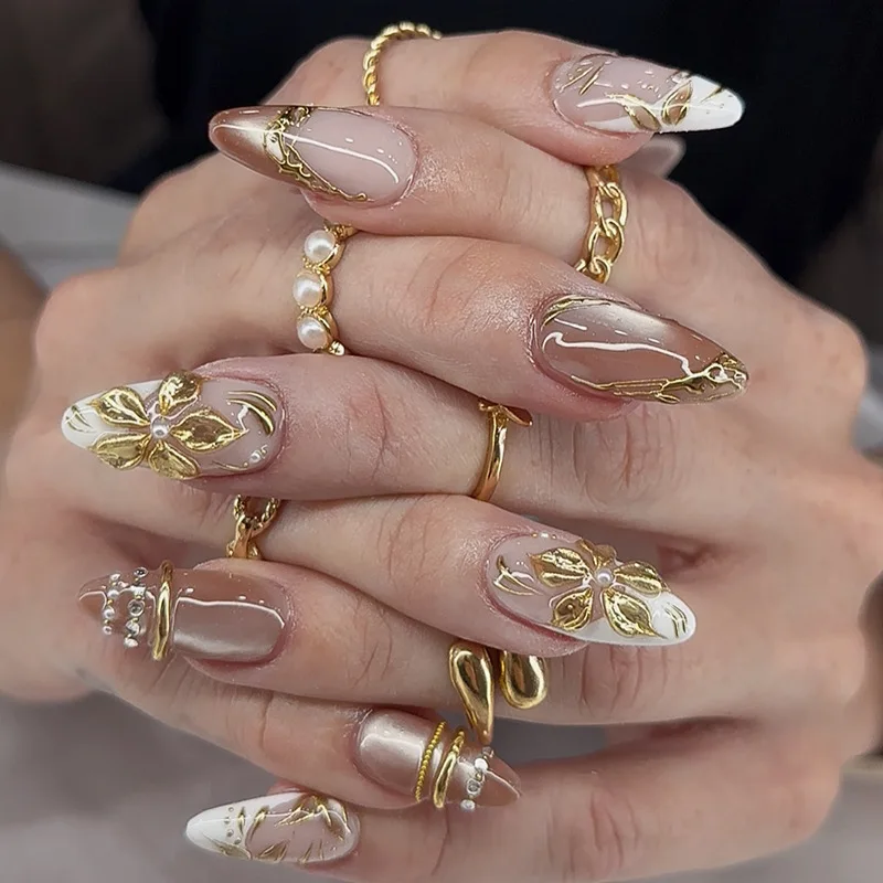 

24Pcs Mid-length Almond Detachable Press on Nails French 3D Gilded Flower Fake Nails Rhinestone Pearl Cat's Eye False Nails Tips