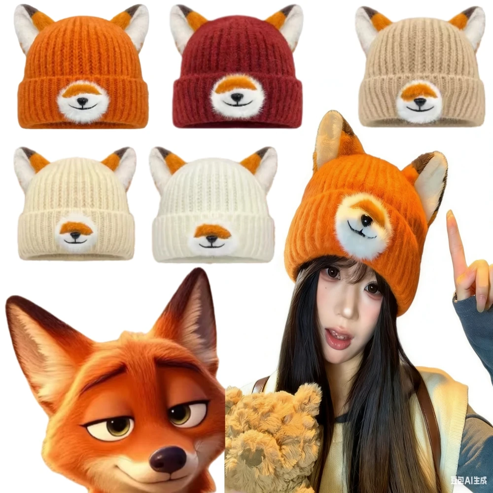 アニメ ズートピア2 ニック キュートな周囲のキツネの耳 ニット帽 秋と冬の暖かさ 多用途帽子 クリスマス 新年ギフト
